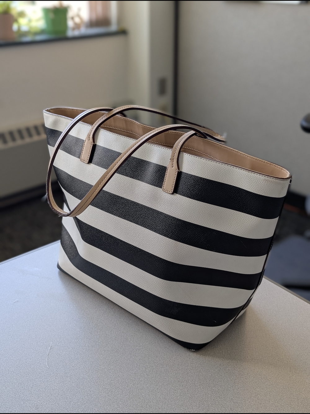 kate spade Black and White Striped Tote with Tan Trim - Picture 3 of 5